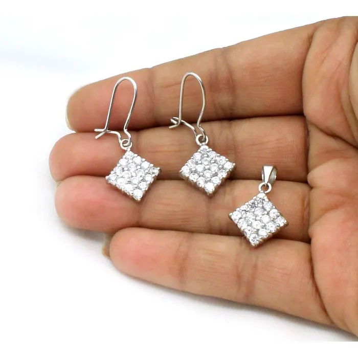 Karizma Jewels Earrings Trendy CZ 925 Sterling Silver Pendant Earrings Set Platinum Tone
